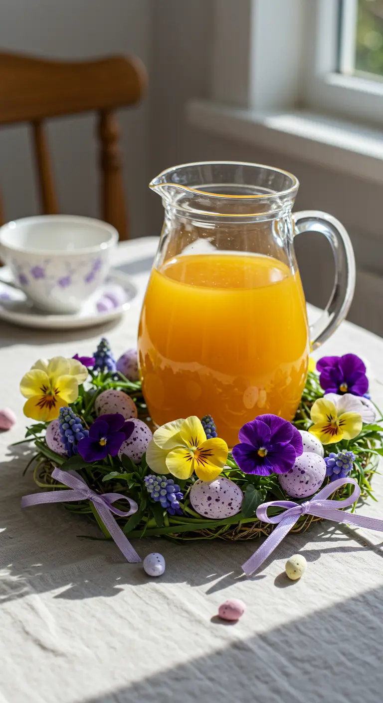 Petite couronne de pensées et de muscaris entourant la base d'un pichet de jus d'orange.