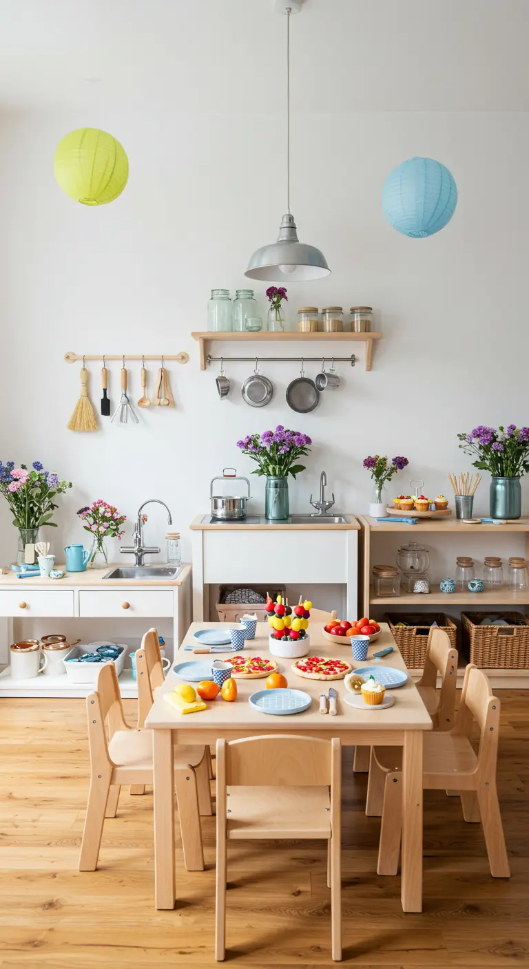 Salle d'anniversaire lumineuse avec petite cuisine pour enfants, tables en bois et lanternes.