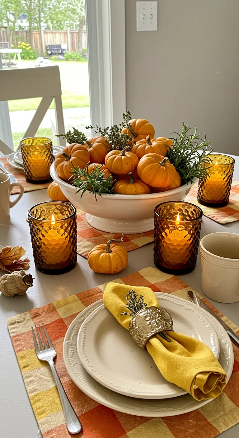 Une petite table avec un bol de mini citrouilles et d'herbes, des sets de table à carreaux et des verres ambrés.