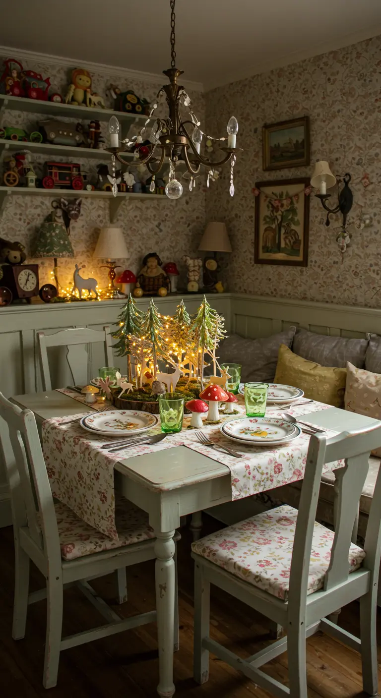 Petite table de salle à manger avec un décor de mini-sapins lumineux, cerfs et champignons, ambiance féerique.