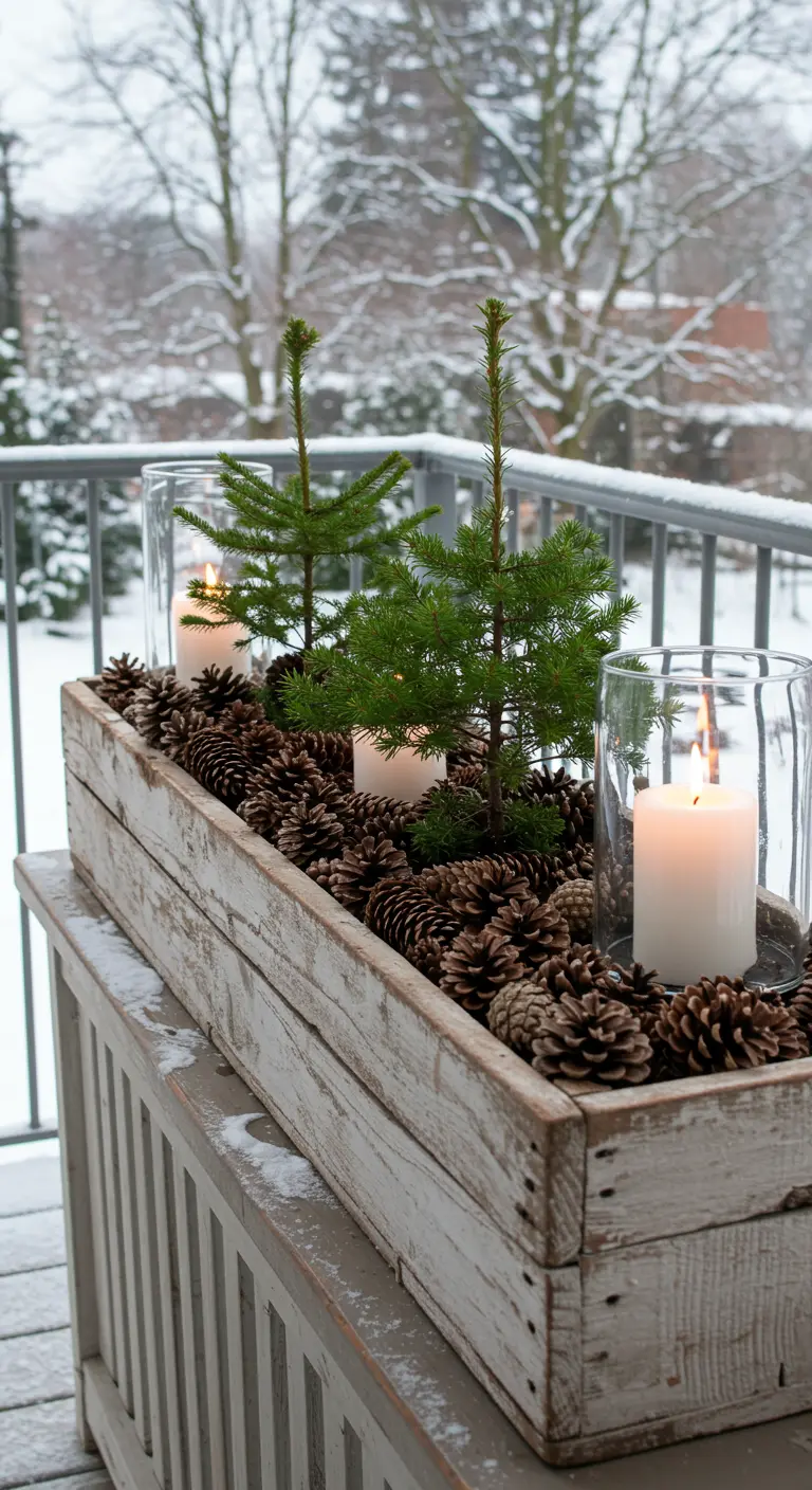 Longue caisse en bois avec mini-sapins, pommes de pin et bougies sur un balcon enneigé.