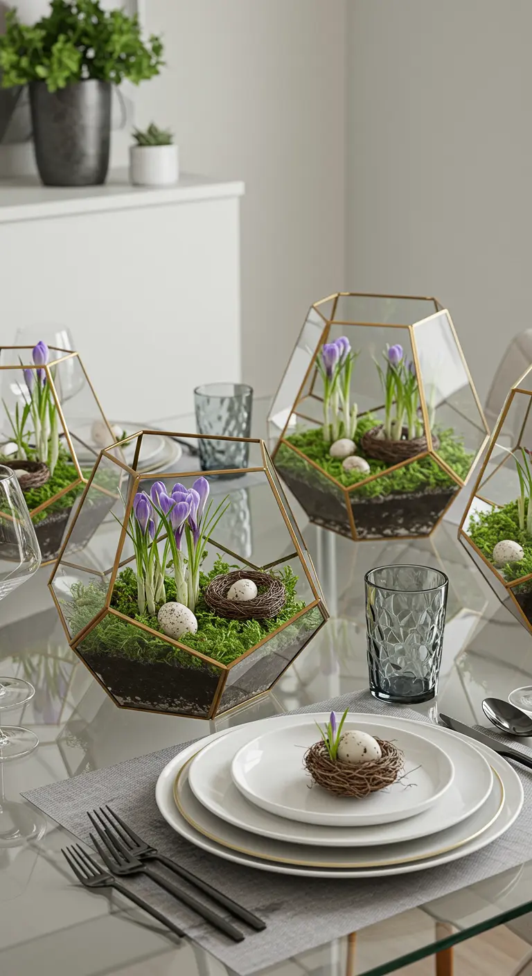 Centre de table moderne avec des terrariums géométriques contenant mousse et fleurs.