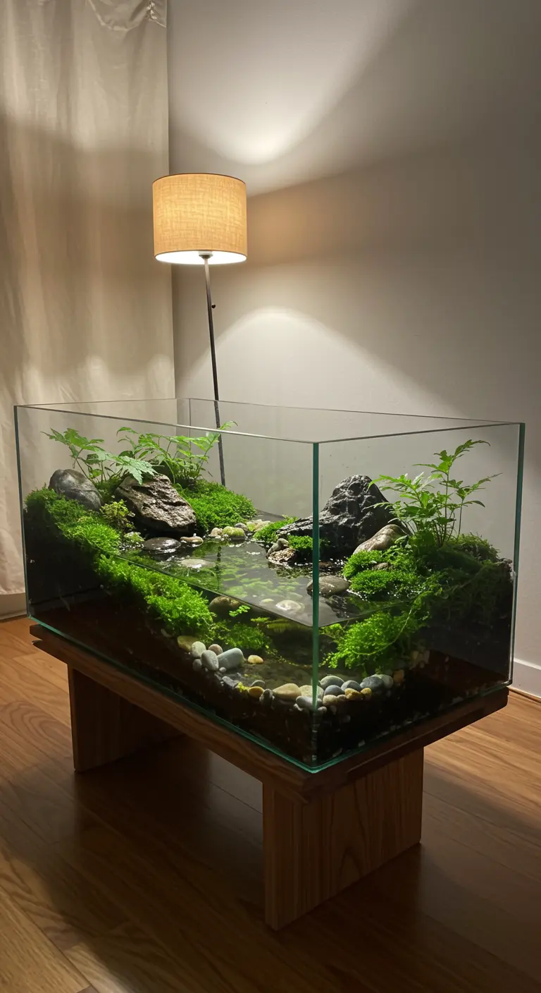 Terrarium rectangulaire avec un côté aquatique (mini-lac) et un côté terrestre avec fougères, mousse et pierres.