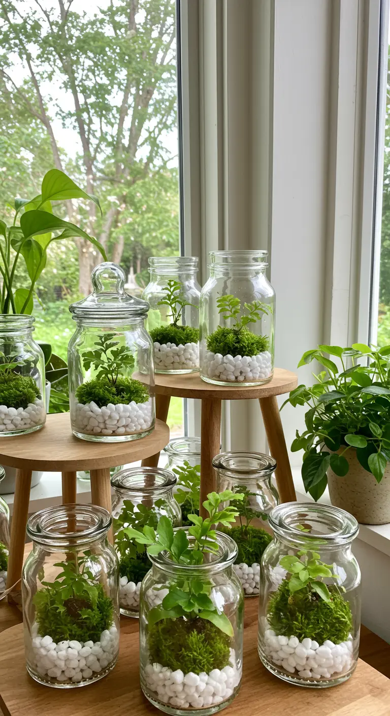 Multiples mini-terrariums dans des bocaux en verre avec fougères et gravier blanc sur des tabourets en bois.