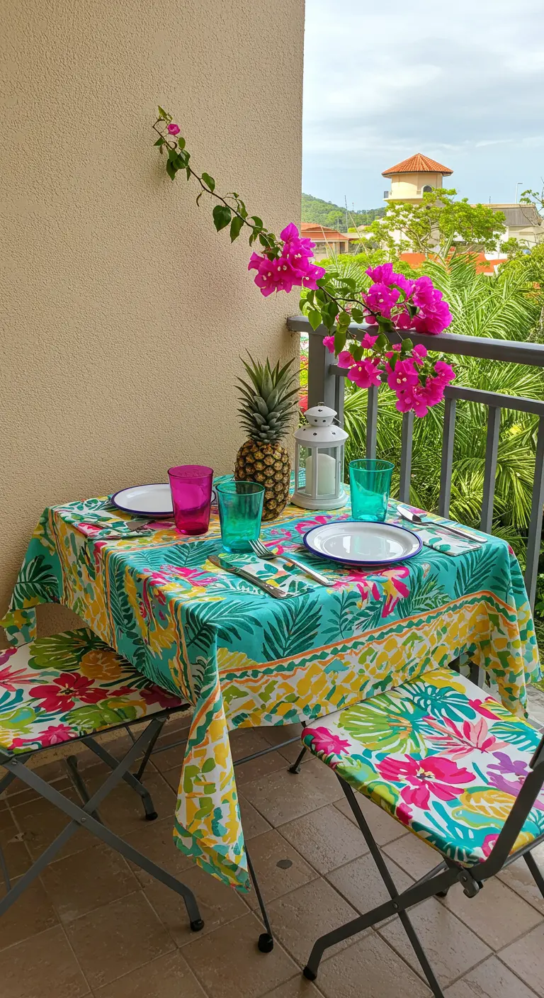 Petite table de balcon avec nappe colorée, ananas, lanterne blanche, bougainvillier rose, verres bicolores.