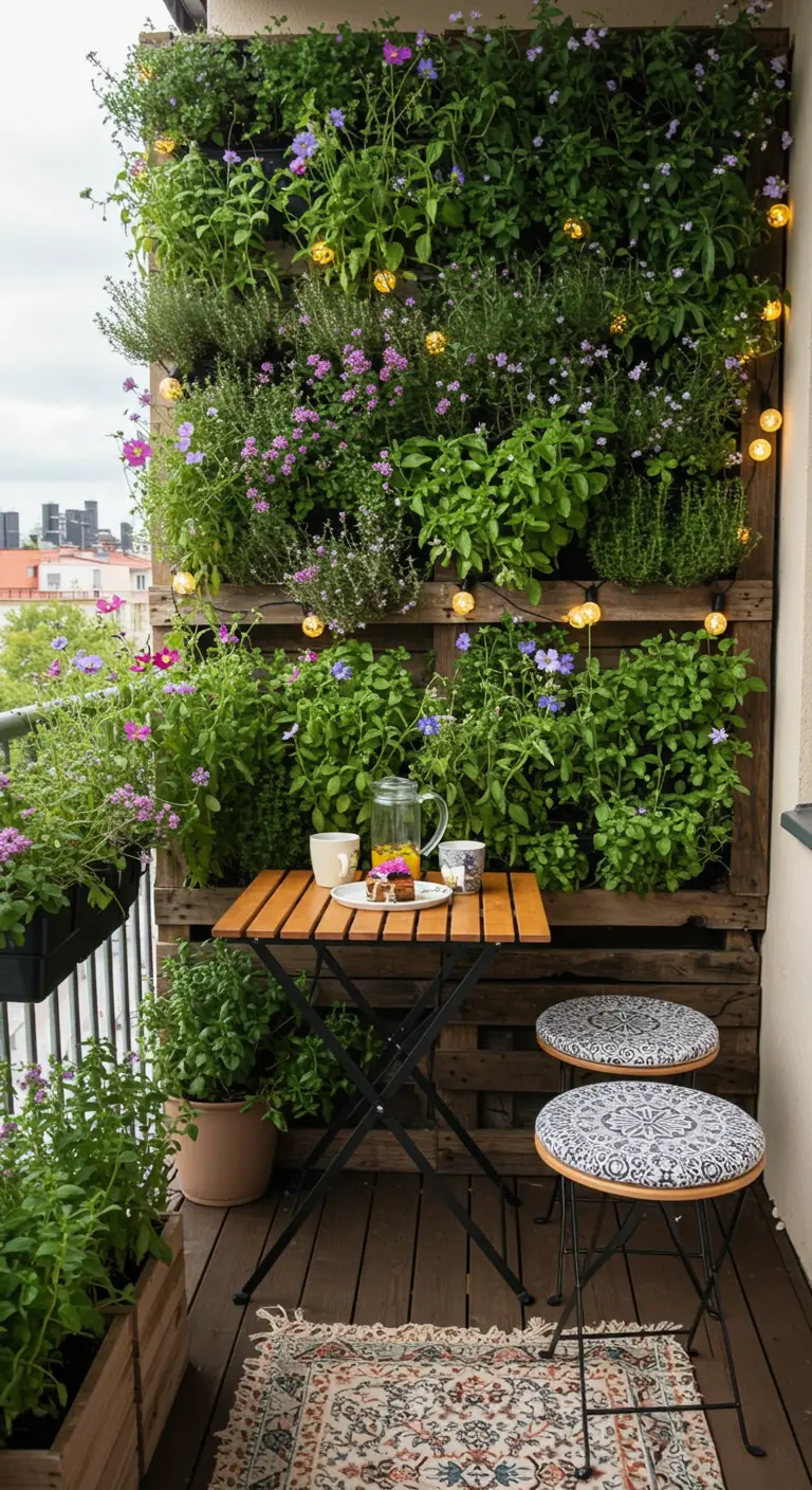 Balcon avec mur végétal sur palette, guirlandes lumineuses, petite table et tabourets