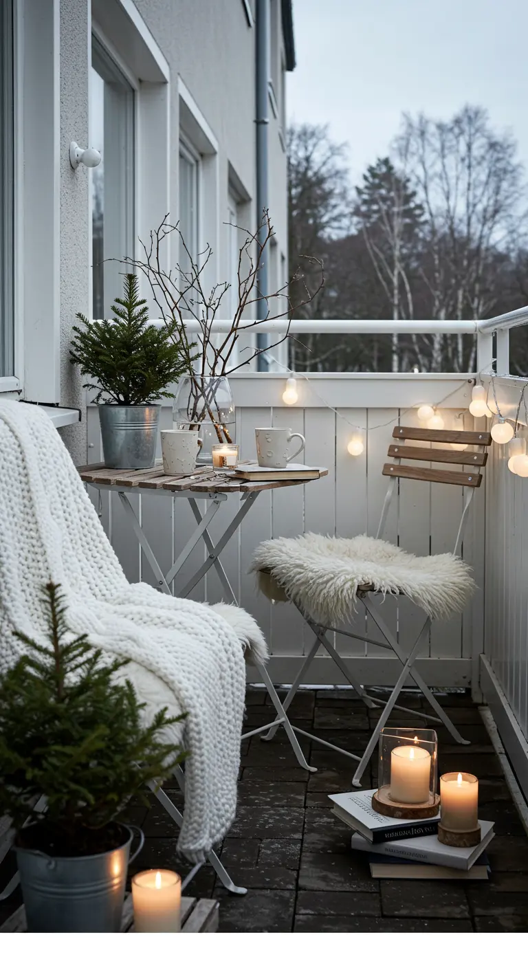 Petit balcon blanc et gris avec sapins, branches nues, plaids blancs et bougies.
