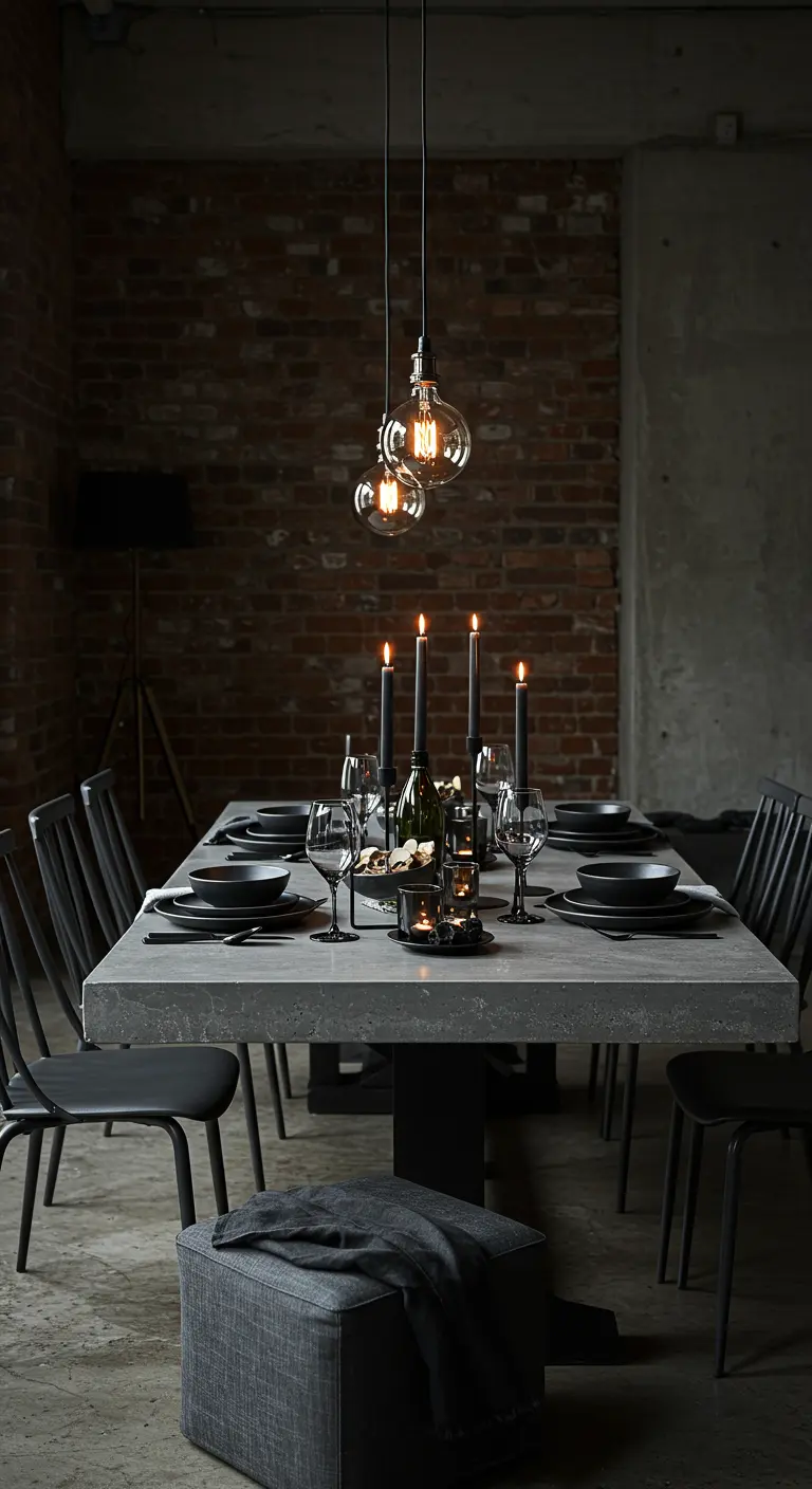 Table en béton, vaisselle noire, bougies noires, ambiance industrielle sombre.