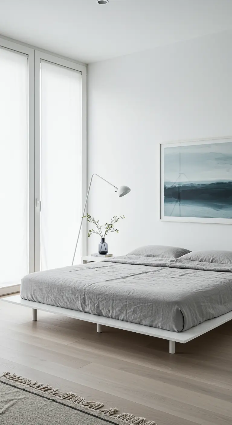 Chambre minimaliste aux tons gris clairs, avec un grand lit et une lampe au design épuré.