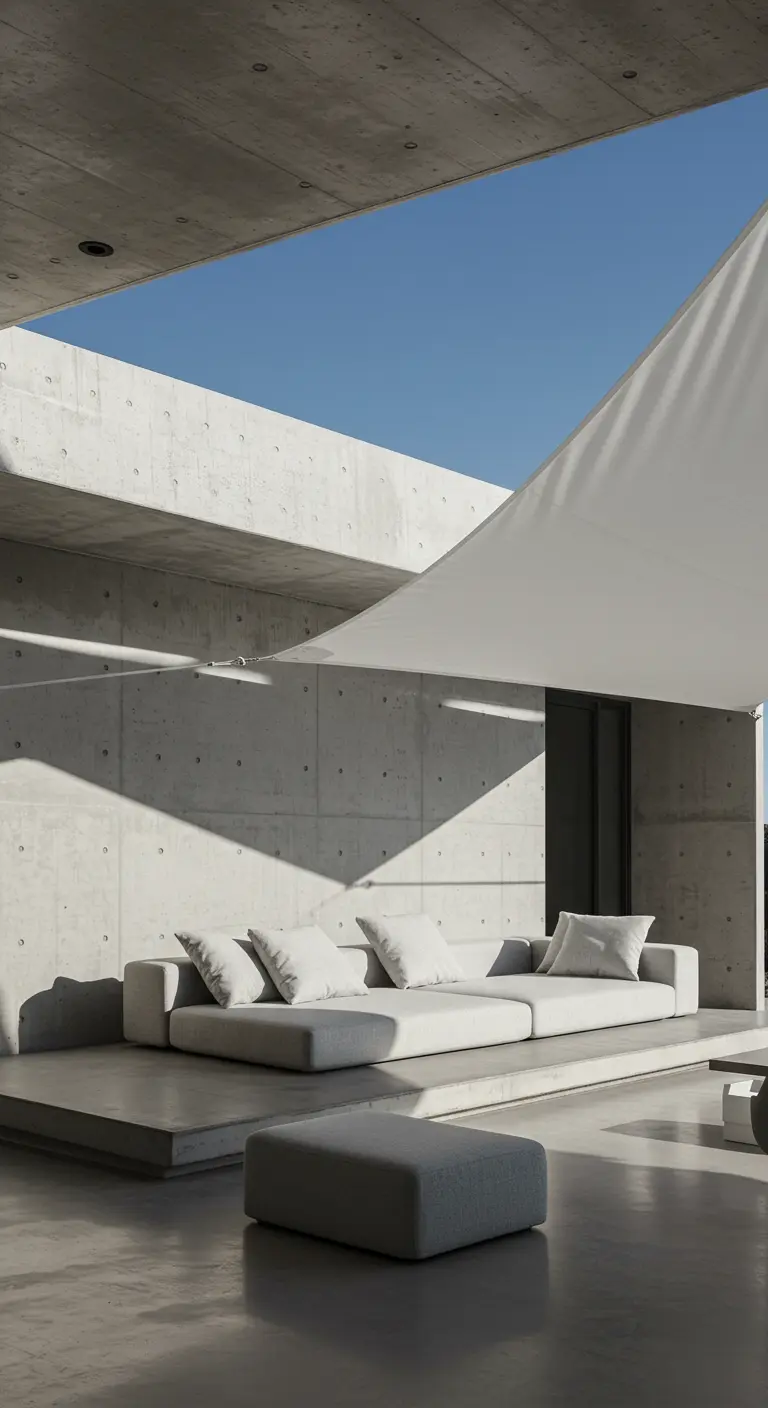 Canapé d'extérieur modulaire en béton sous une voile d'ombrage