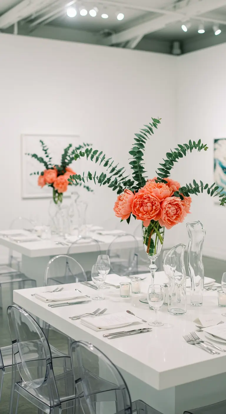 Tables blanches modernes avec chaises transparentes, pivoines corail et eucalyptus dans des vases hauts.