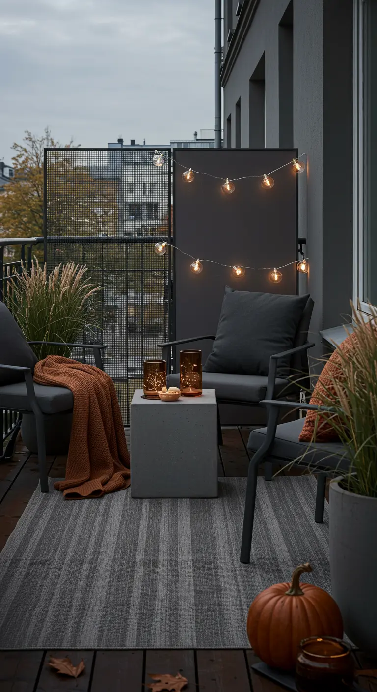 Balcon moderne gris anthracite, plaid rouille, tapis rayé, écran et guirlandes lumineuses.
