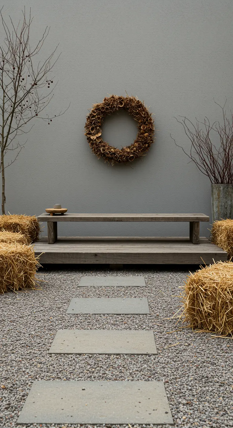 Jardin minimaliste avec banc en bois sur plateforme, bottes de paille, allée en dalles et une couronne de branchages secs sur un mur gris.