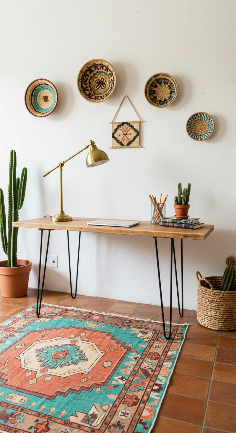 Bureau simple avec plateau en bois et pieds épingle noirs, décor bohème avec cactus et tapis kilim.
