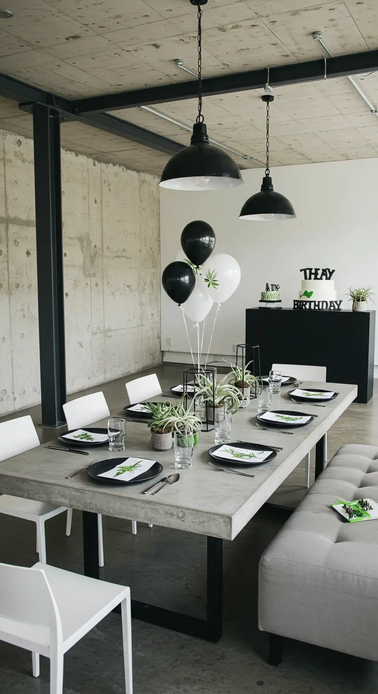 Table moderne en béton avec plantes grasses et ballons noirs et blancs.