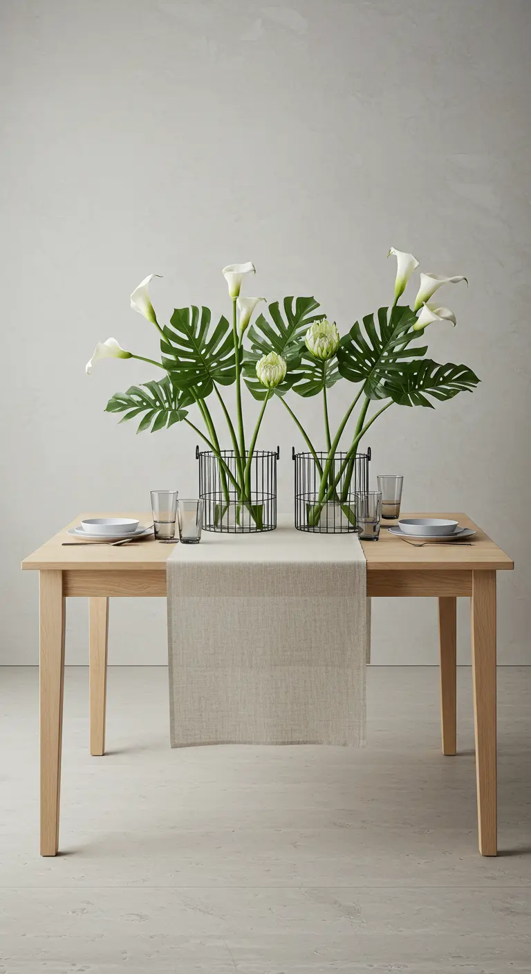 Table minimaliste avec chemin de table en lin, feuilles de Monstera et arums blancs dans des vases design.