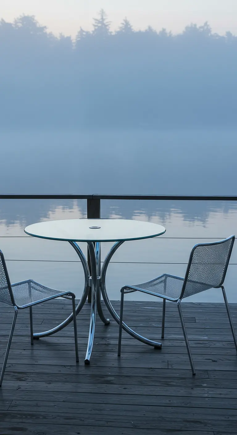 Table minimaliste en chrome sur une terrasse en bois face à un lac brumeux.