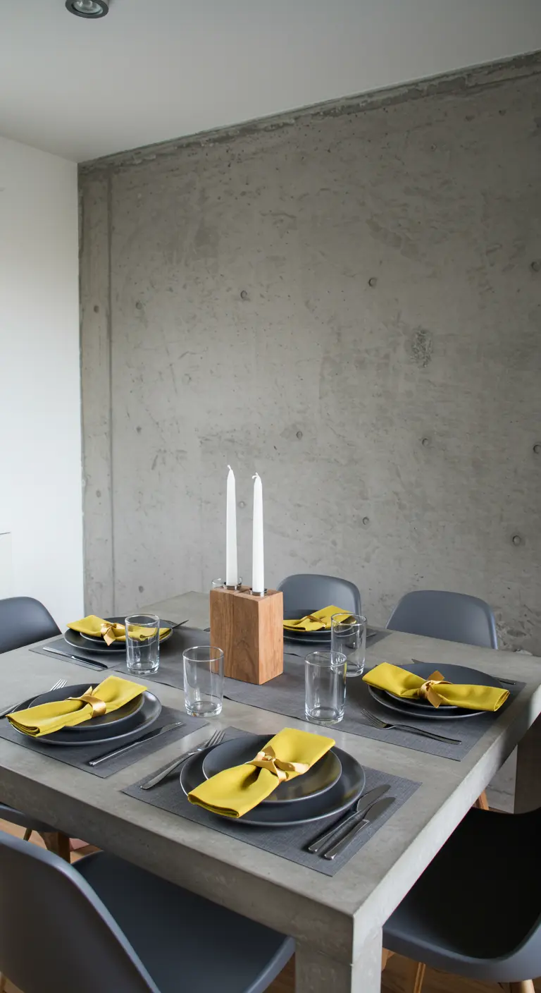 Table minimaliste en béton avec des sets de table gris et des serviettes jaune vif.