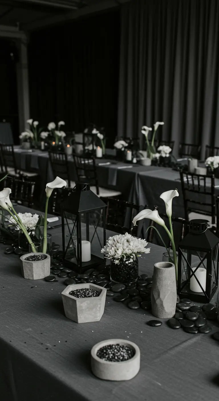 Table grise et noire avec lanternes, lys calla blancs et pots en béton.