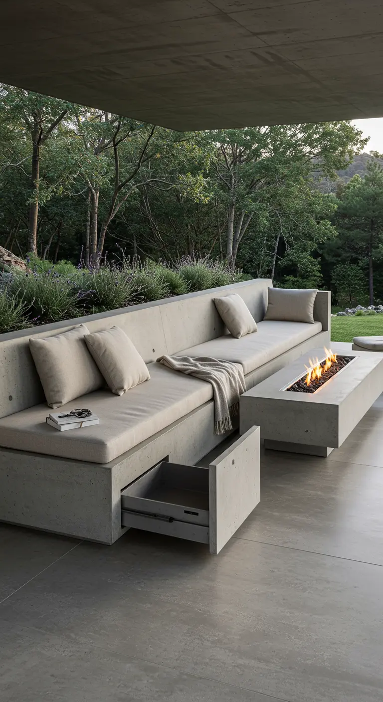 Banquette et table basse en béton brut avec foyer intégré et tiroir de rangement.