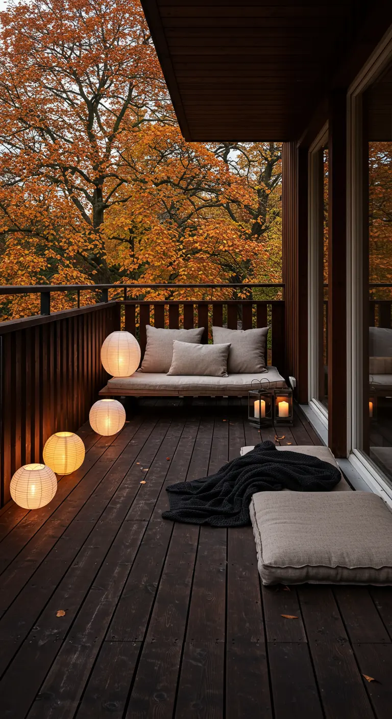 Balcon en bois minimaliste avec banquette, coussins de sol, lampions ronds et lanternes, ambiance apaisante.