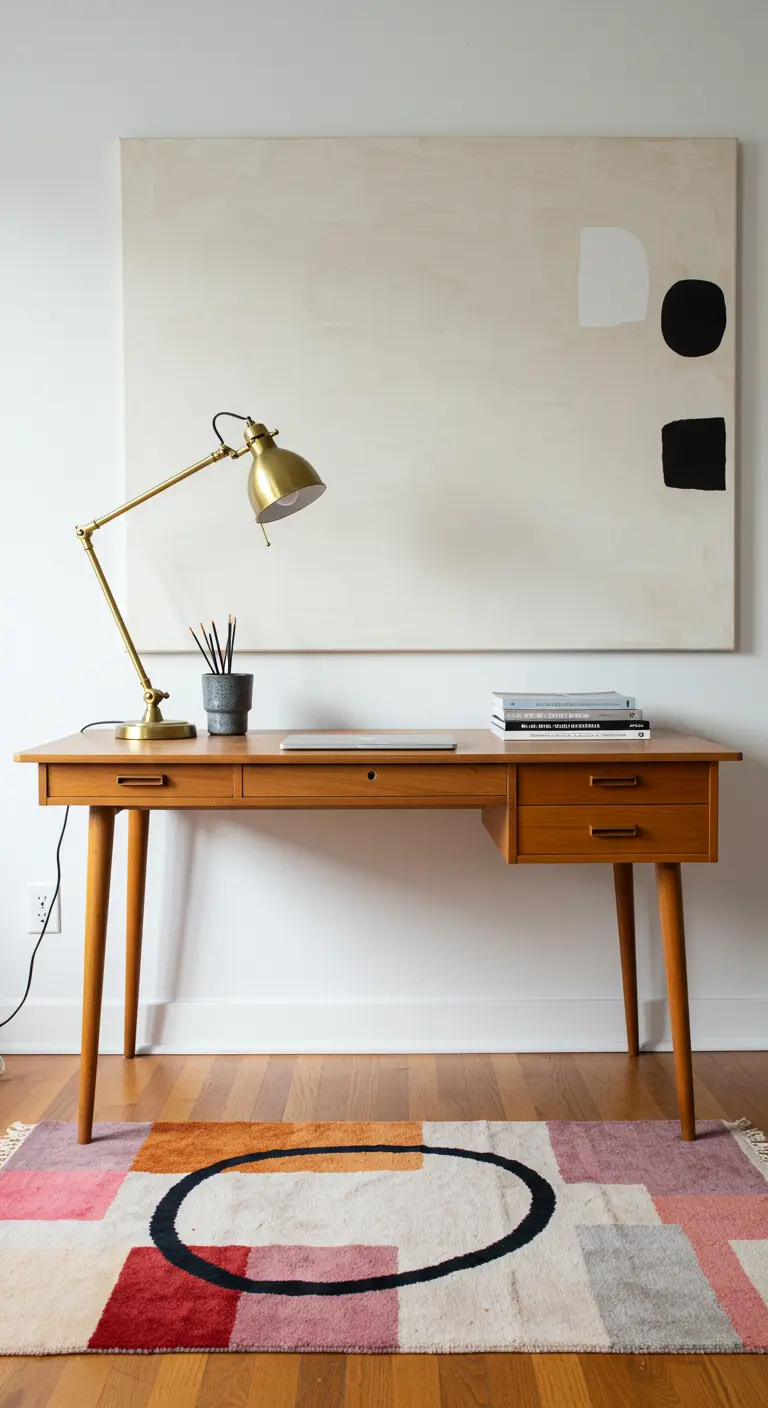 Bureau scandinave en bois clair devant un grand tableau abstrait, avec un tapis coloré.