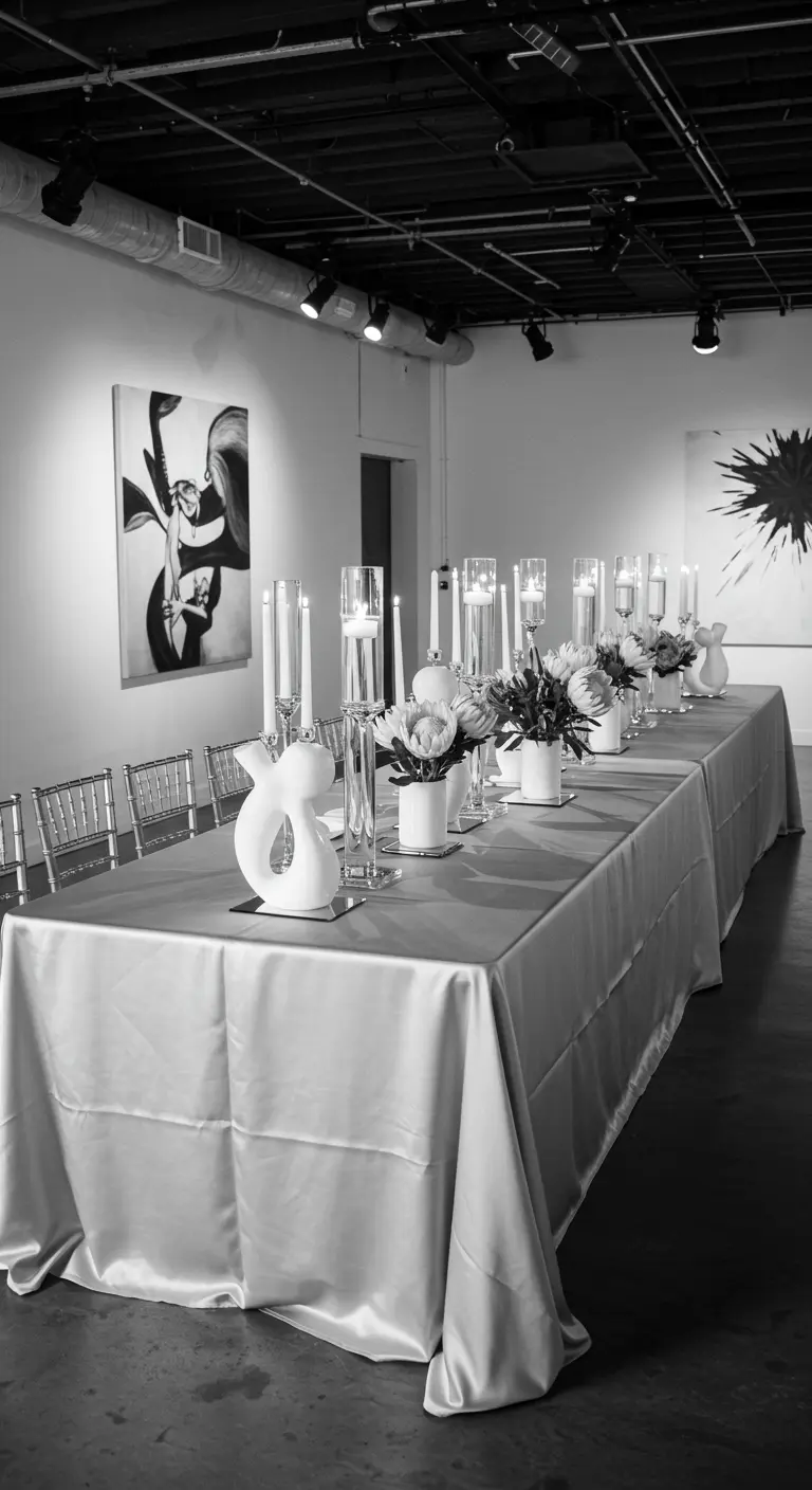 Longue table dans une galerie d'art, nappe satin argenté, vases blancs modernes et bougies hautes.