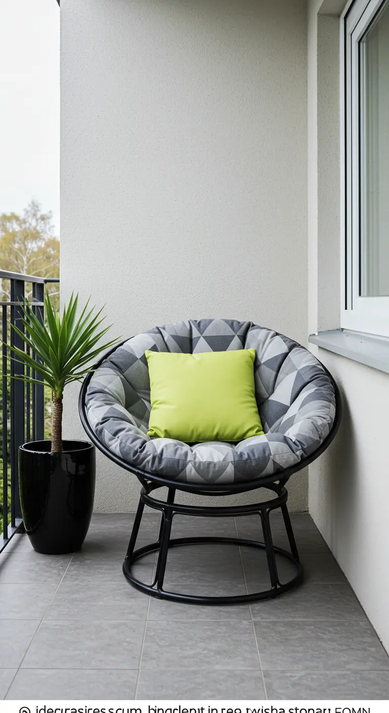 Fauteuil papasan gris sur un petit balcon moderne avec une plante verte en pot noir.