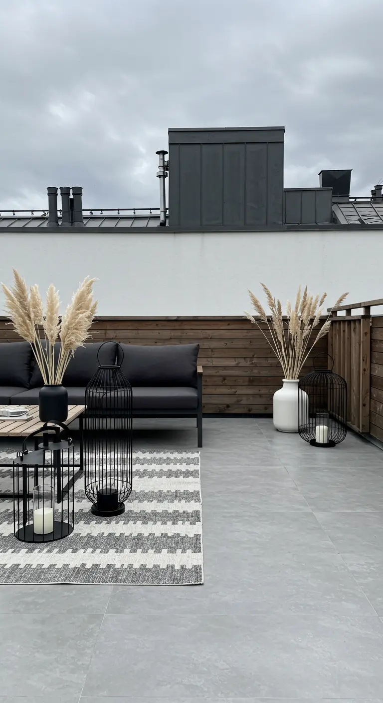 Terrasse de toit minimaliste avec canapé gris foncé, tapis géométrique, vases de pampas et lanternes filaires noires.