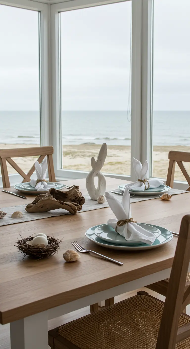 Table de Pâques minimaliste face à la mer, décorée avec du bois flotté.