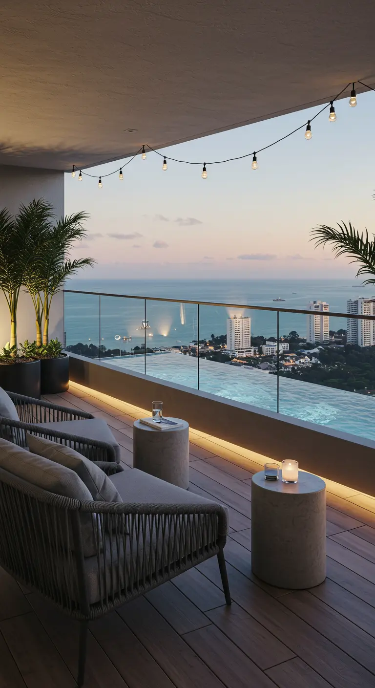 Balcon moderne avec mini-piscine, mobilier gris, palmiers et vue sur la mer au coucher du soleil.