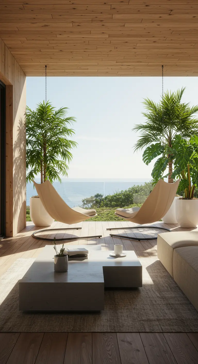 Deux chaises suspendues en tissu sur une terrasse moderne avec vue sur la mer.