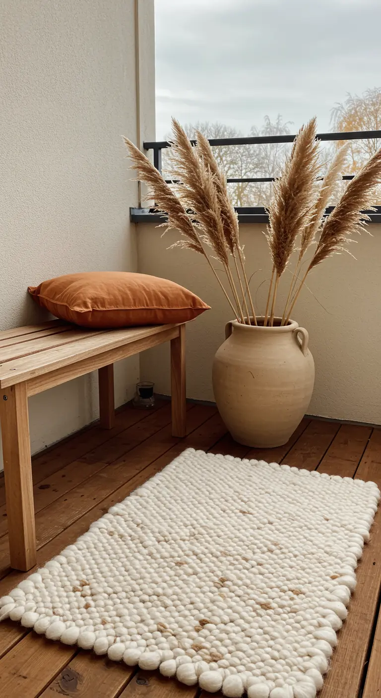 Balcon minimaliste avec un banc en bois et un grand vase d'herbes de la pampa.