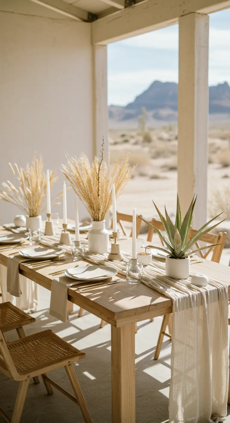 Table en bois clair en extérieur, chemin de table lin, bougies fines et plante grasse.
