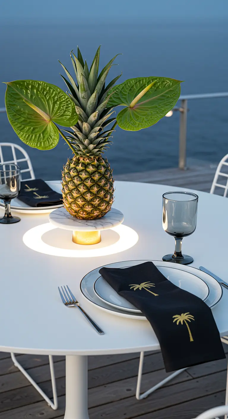 Table ronde blanche avec un ananas sur un socle lumineux, feuilles d'anthurium, serviettes noires brodées d'une palme.