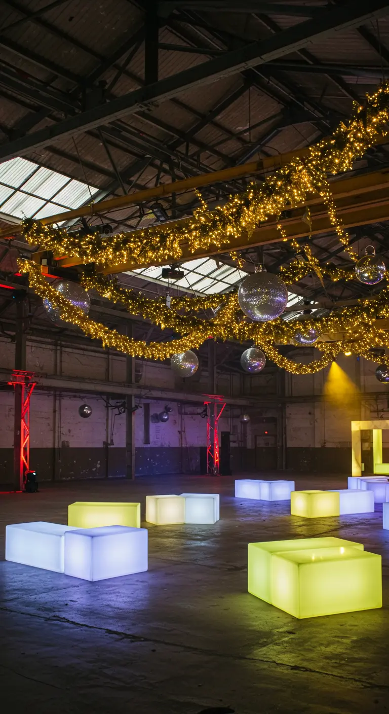 Grande salle sombre avec des cubes lumineux colorés et des guirlandes dorées suspendues au plafond.