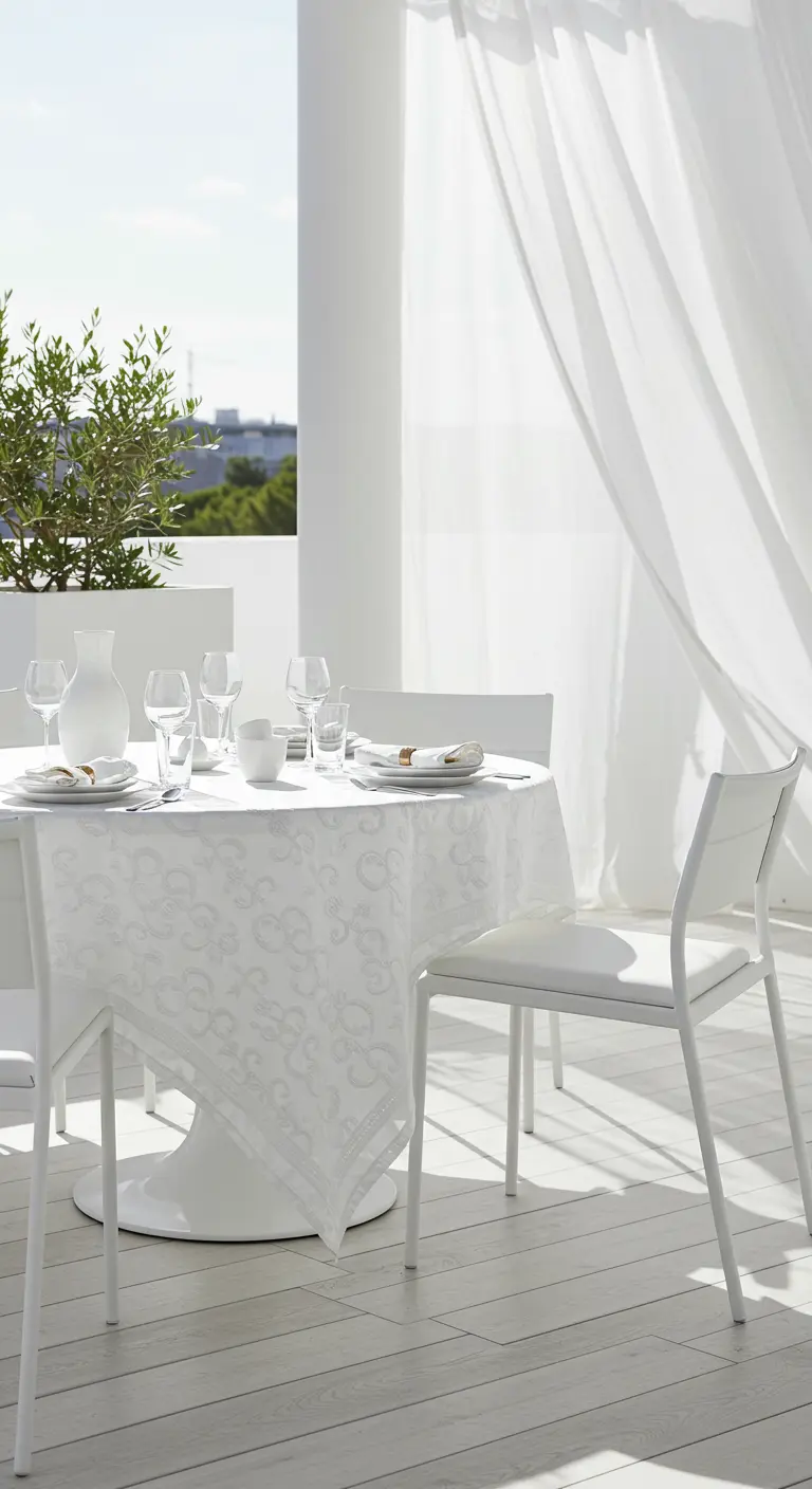 Table ronde blanche avec nappe texturée, chaises modernes et rideaux blancs flottants sur une terrasse.