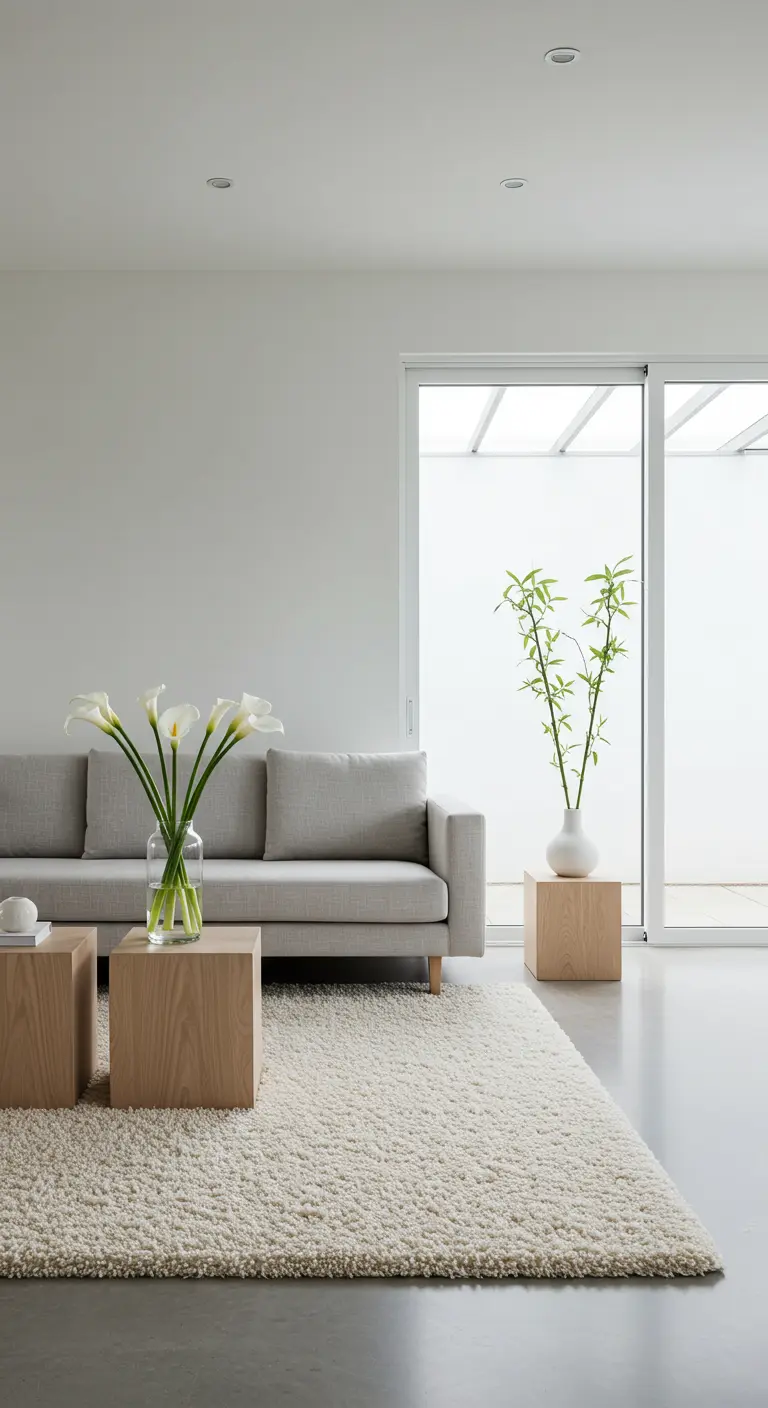 Salon minimaliste avec canapé gris, tables basses cubiques en bois, grand tapis moelleux et vases de fleurs blanches.