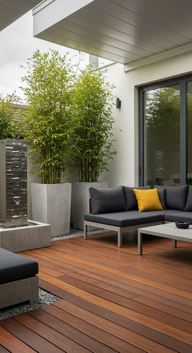 Patio moderne avec bambou dans des jardinières en béton, canapé gris et coussin jaune.