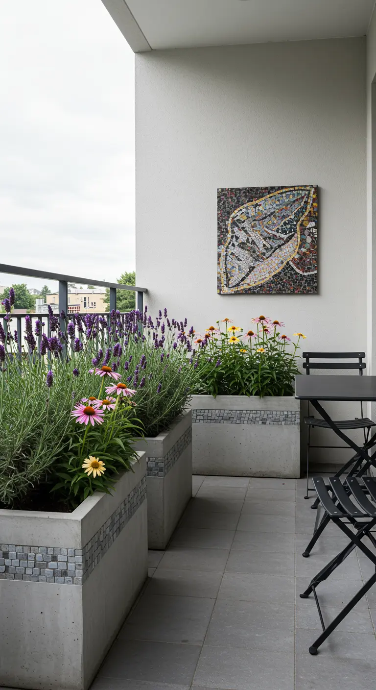 Balcon moderne avec jardinières en béton et mosaïque, lavande, échinacées et mobilier noir