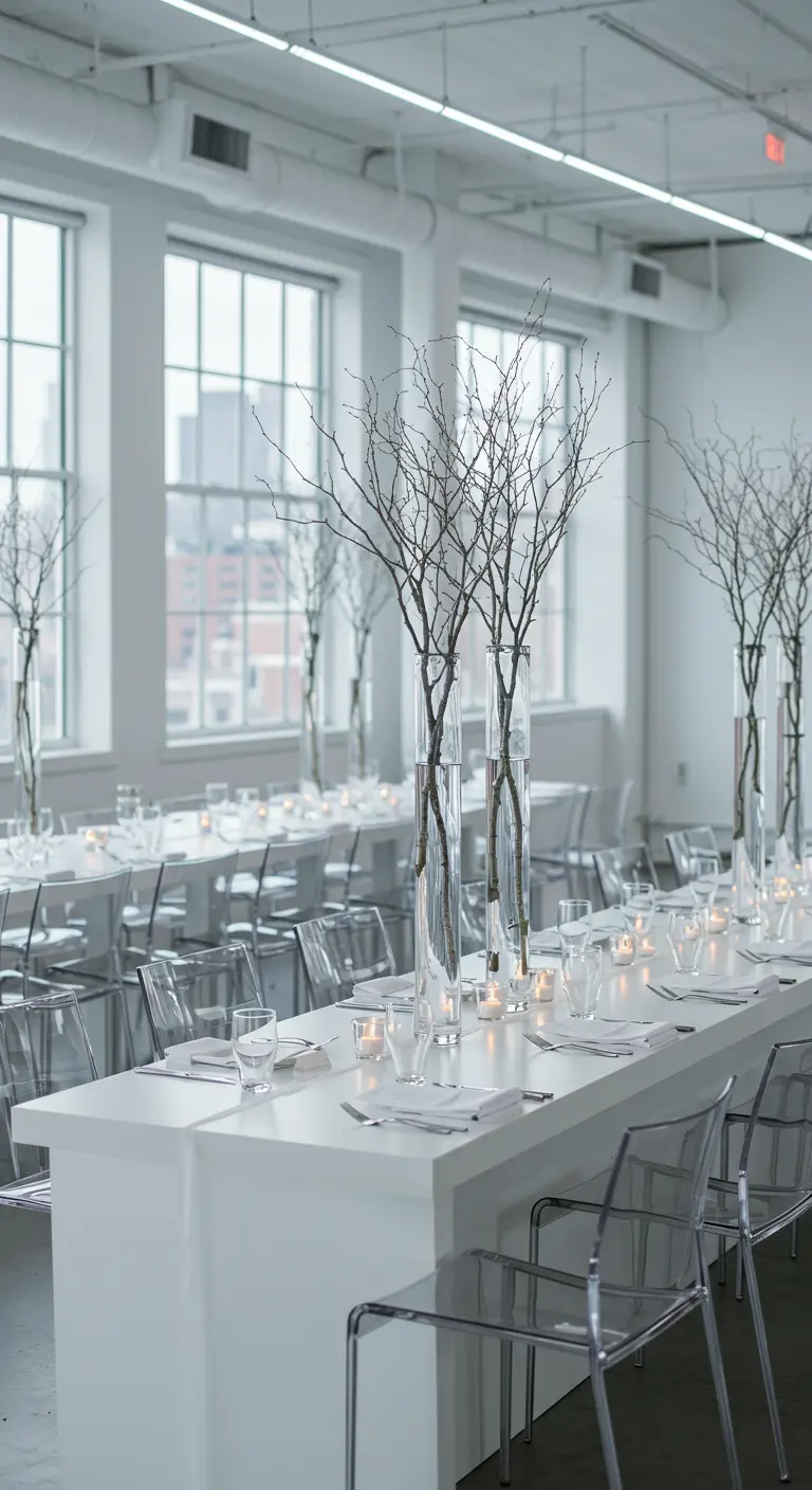 Salle moderne et épurée, longue table blanche, grands vases transparents avec branches dénudées.
