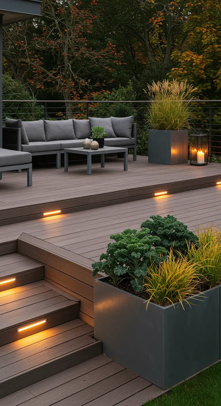 Terrasse moderne en bois et gris avec salon d'extérieur, jardinières et éclairage LED intégré aux marches.