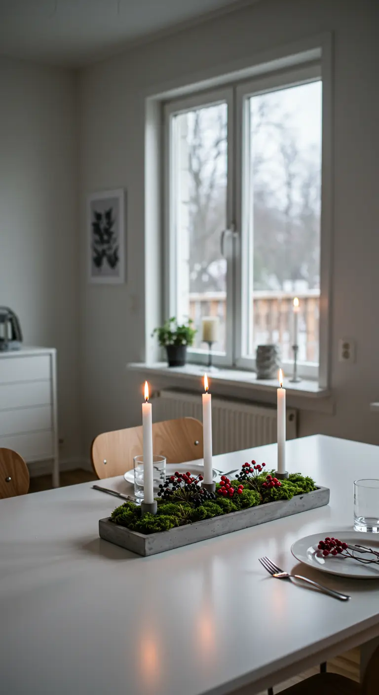 Centre de table minimaliste hivernal avec mousse, trois bougies blanches et baies rouges dans un bac en béton.