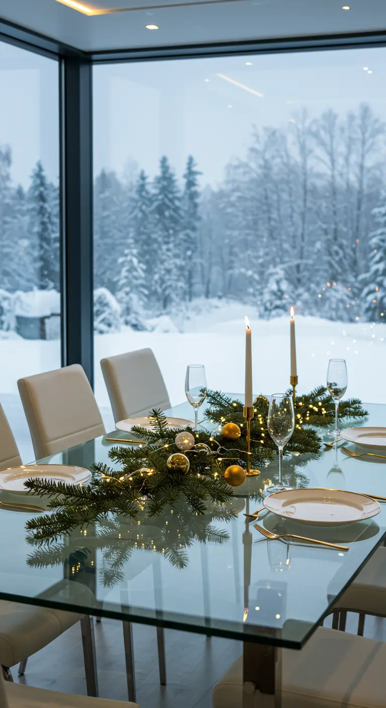 Table en verre avec chemin de table sapin, boules dorées/argentées, bougies, vue sur forêt enneigée.