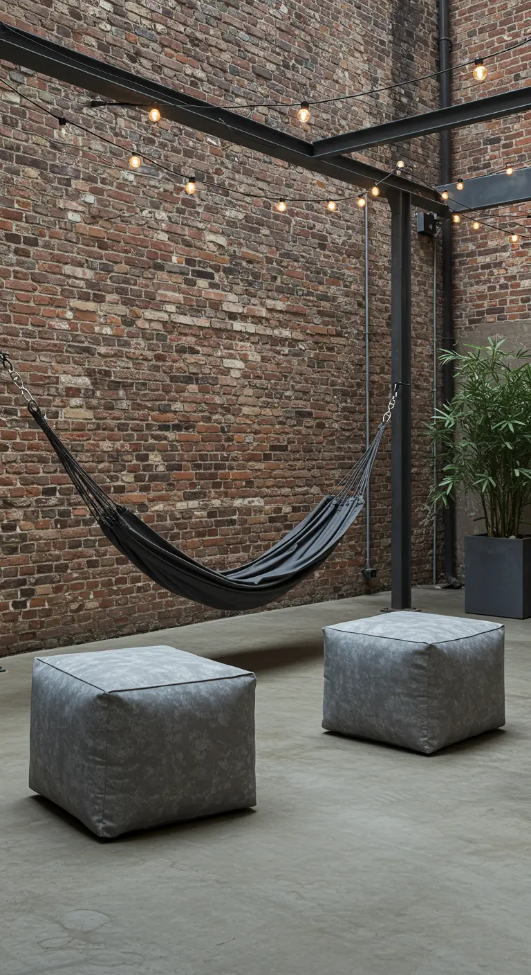 Hamac noir et poufs gris dans une cour intérieure industrielle.