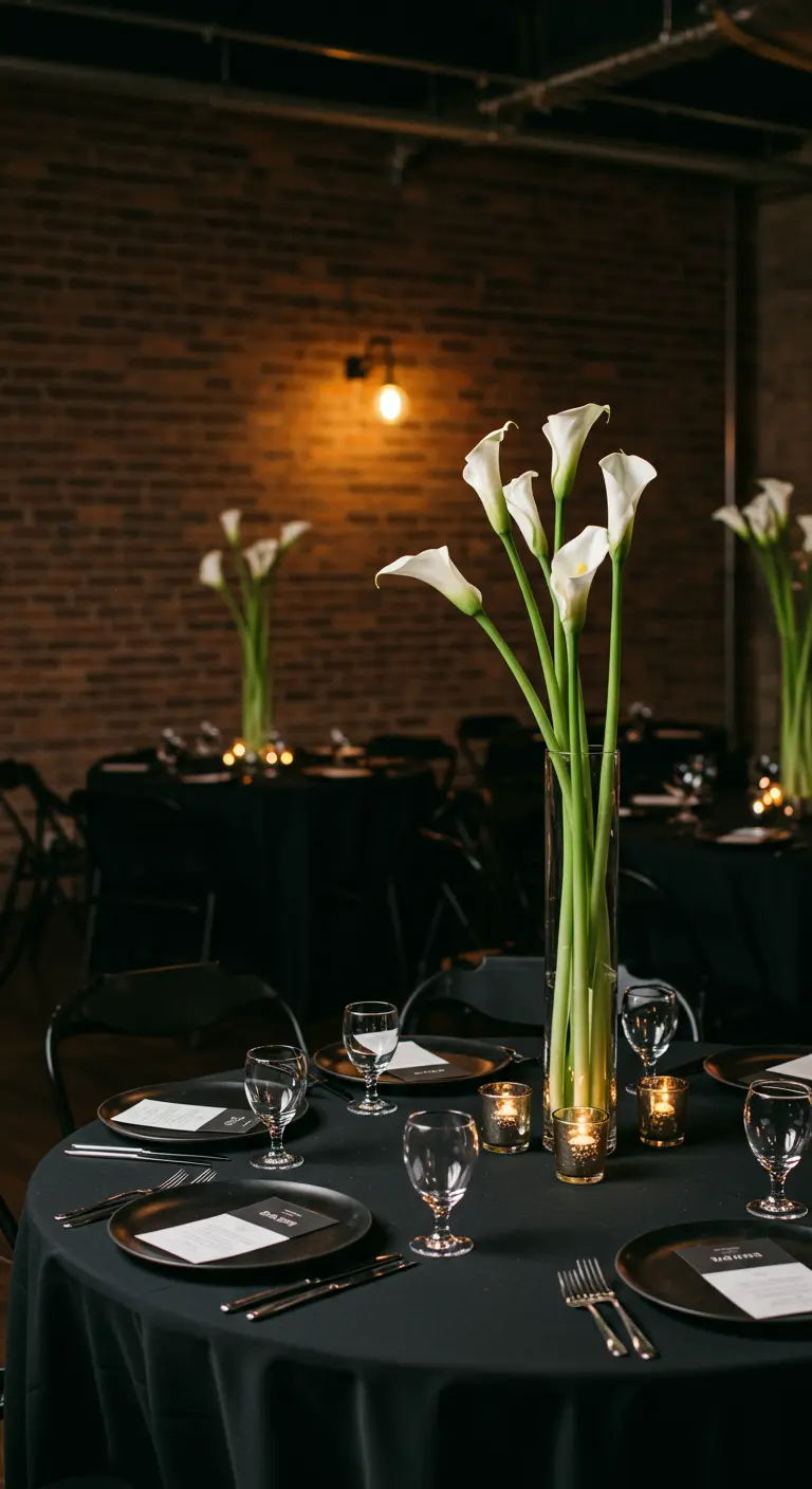 Table de mariage noire et minimaliste avec de hauts vases de fleurs de calla blanches.