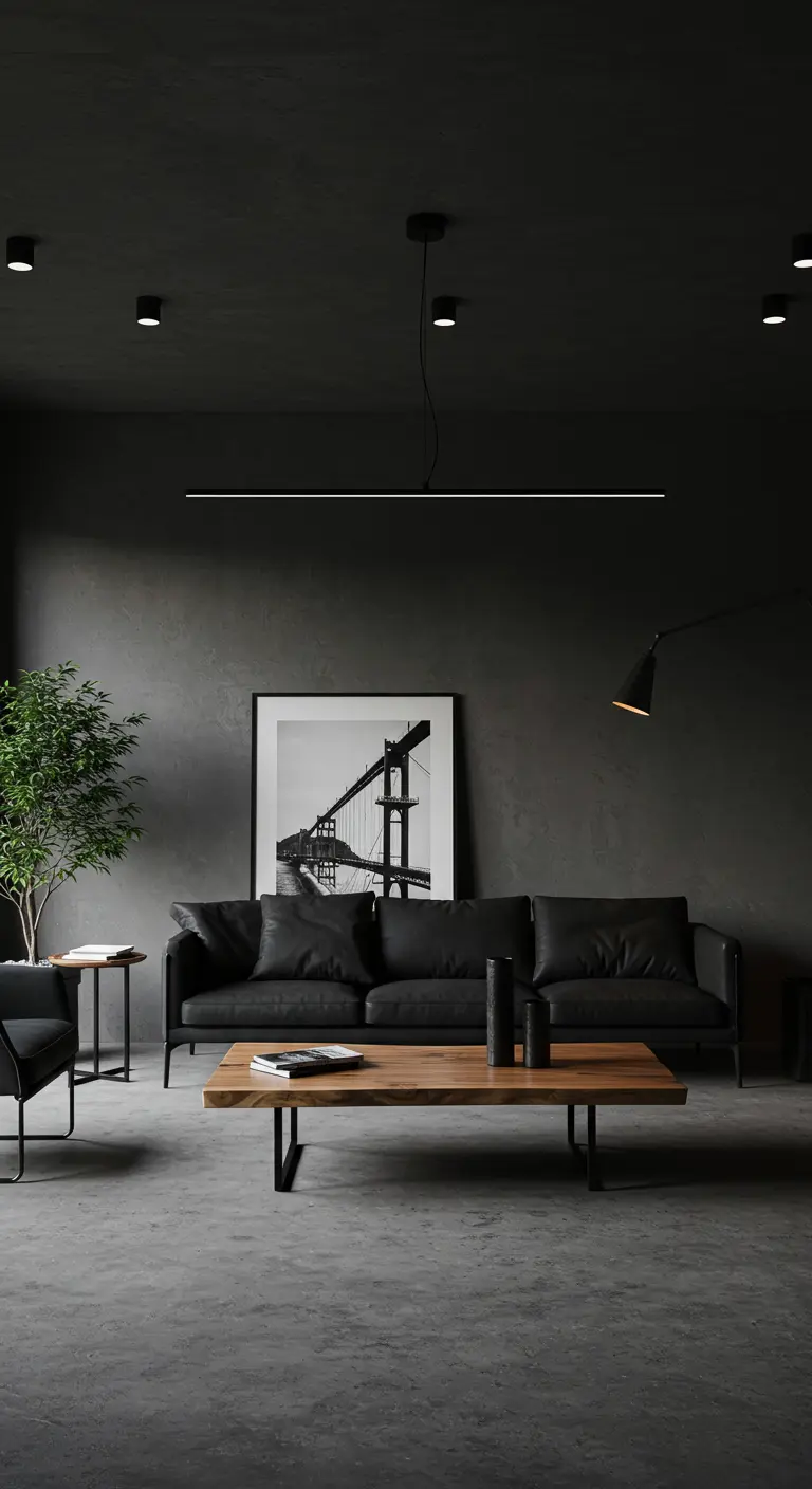 Salon gris foncé avec canapé en cuir noir, table basse en bois, suspension linéaire et grand tableau.