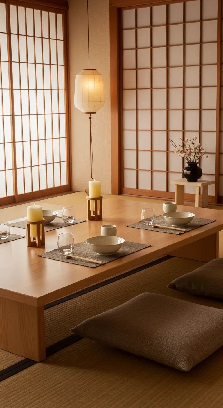 Table basse Japandi en bois clair, vaisselle blanche, bougies ivoire, coussins de sol.