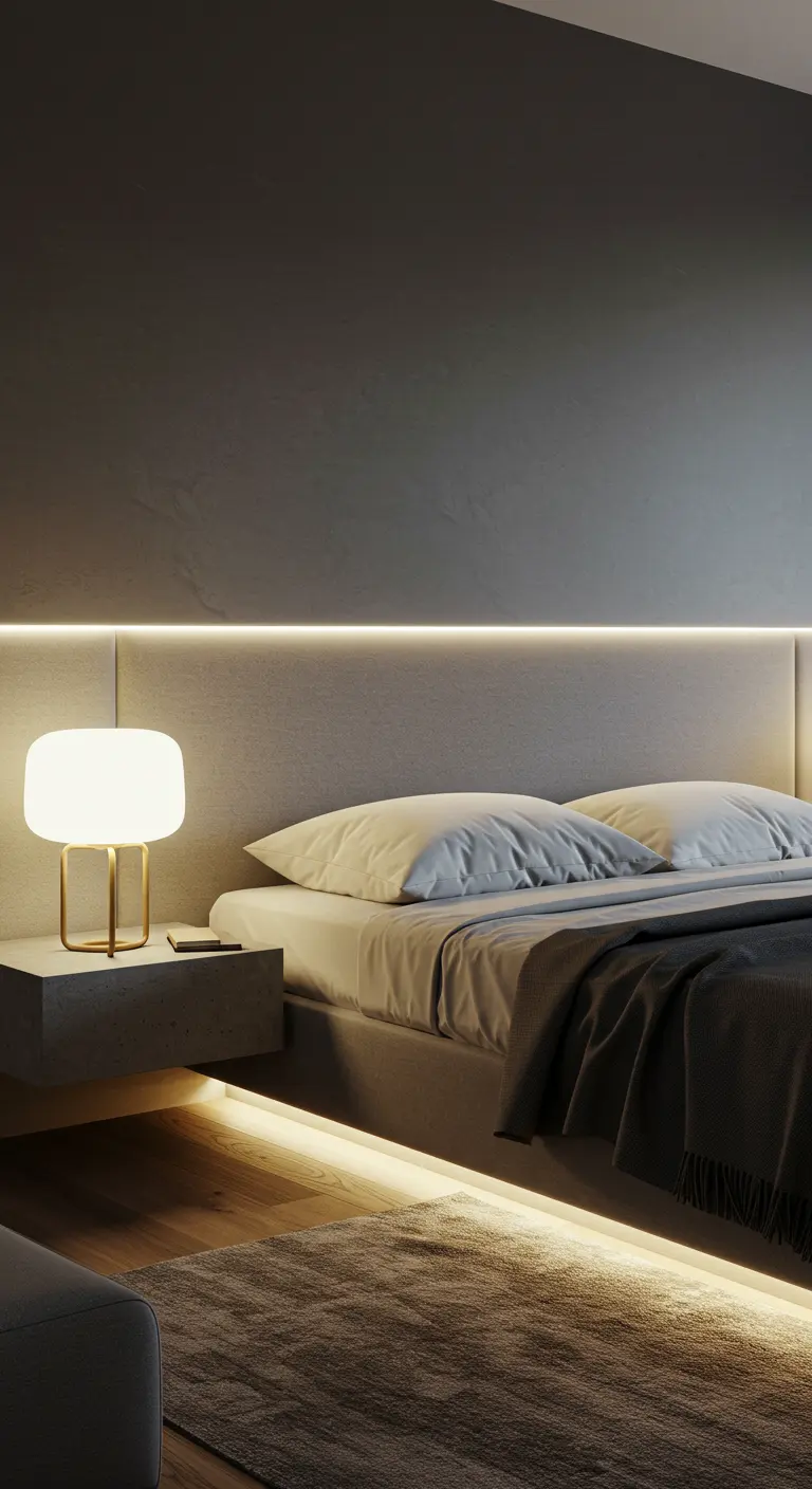 Chambre minimaliste avec lit gris, tête de lit lumineuse LED, lampe de chevet moderne et tapis clair.
