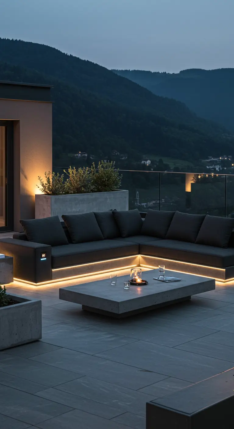 Canapé d'angle gris anthracite avec LED subtiles sur une terrasse en béton moderne.